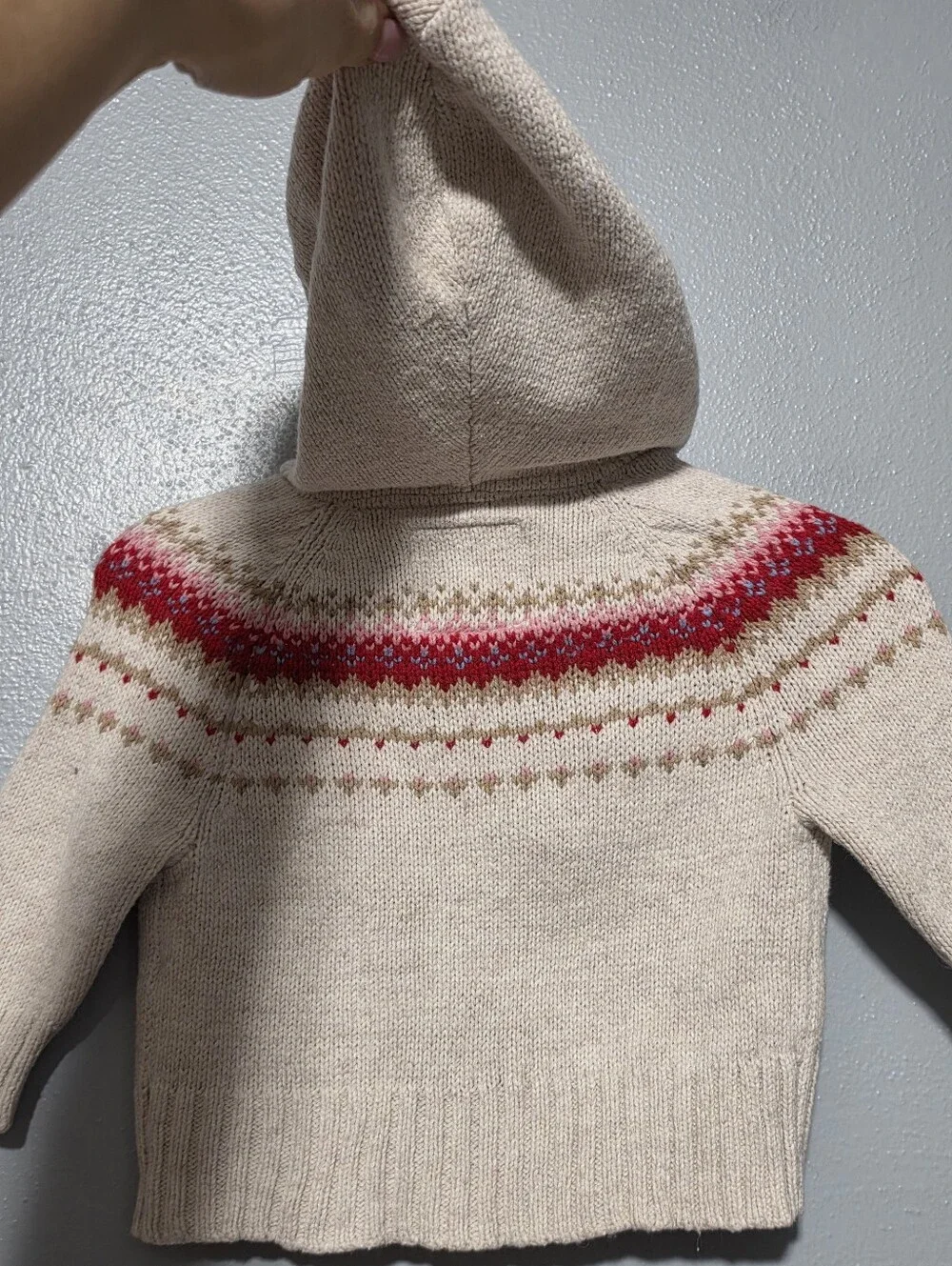 OSHKOSH Hooded Fair Isle Sweater Cardigan Baby 6 Mos Cream Red Wool Blend Y2K